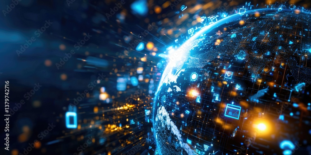 Poster a digital planet earth, its surface a kaleidoscope of interconnected tech devices and icons, symboli