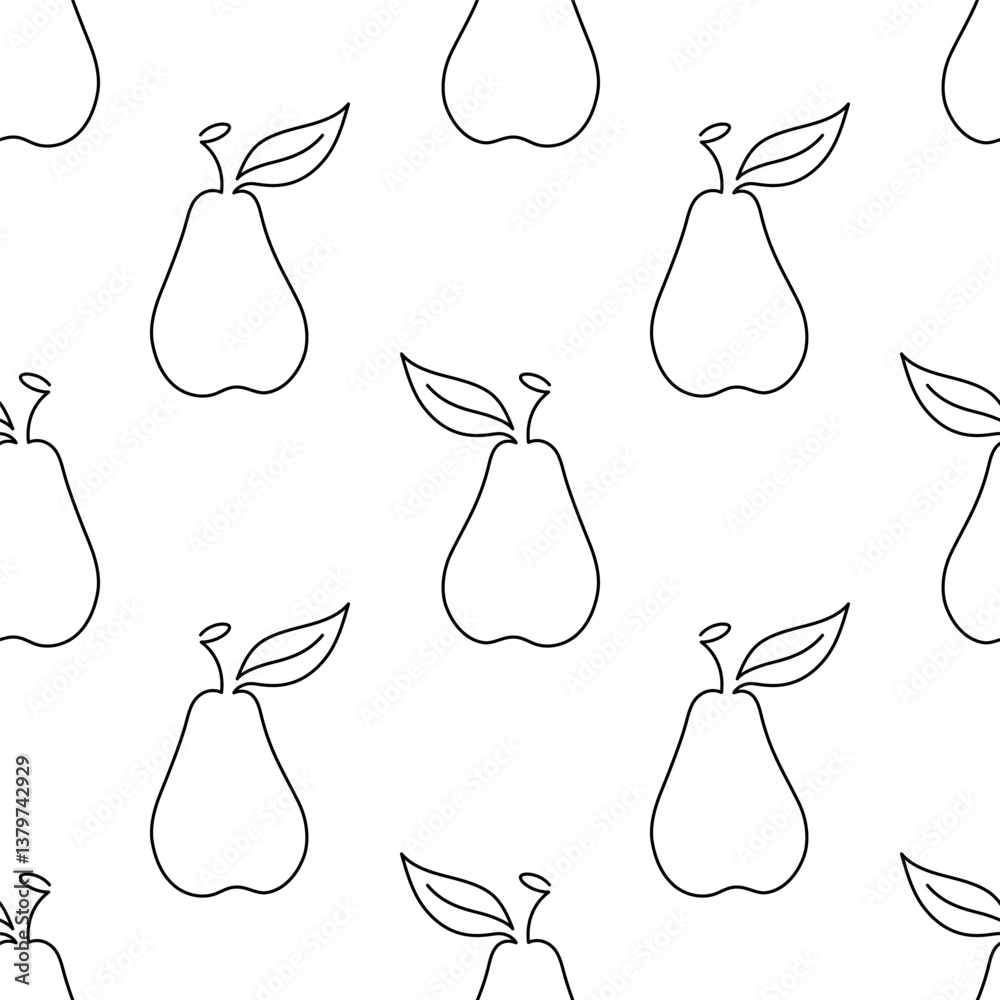 Fototapete pear fruit seamless pattern. single line illustration. line art pear. one line pear texture. vector 