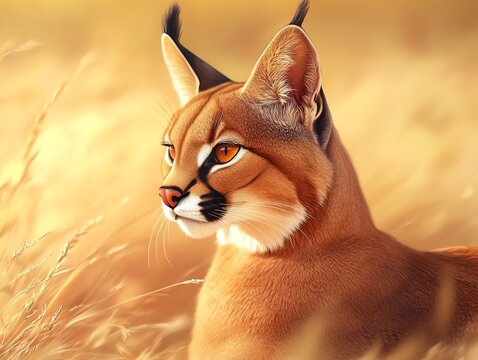 Caracal Looking Alert in Golden Grass Field Wildlife Portrait
