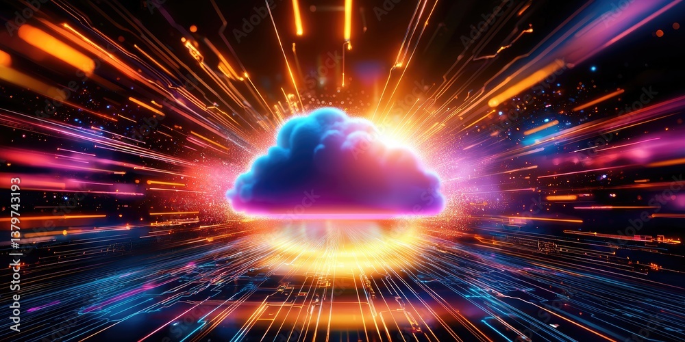 Poster A digital canvas, painted with the ethereal glow of a cloud, hovered gracefully above a intricate network of circuits, representing the boundless realm of cloud computing