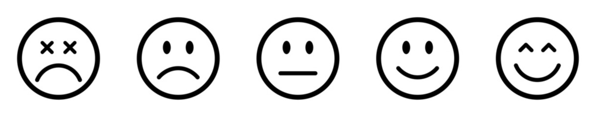 Rating emoji set. Feedback emoticons collection. Feedback and rating emoji set. Very happy, happy, neutral, sad and very sad emojis icon set. Emoji, feedback, rating emoji, rating. vector.