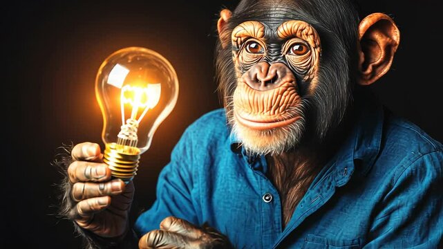 Curious Monkey Holding Light Bulb in Dark Background