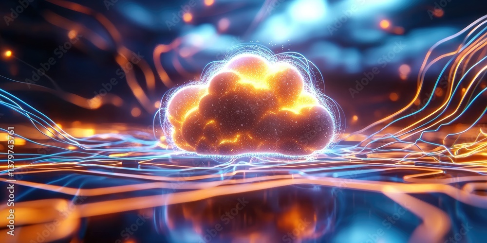 Poster A digital canvas, painted with the ethereal glow of a cloud, hovered gracefully above a intricate network of circuits, representing the boundless realm of cloud computing