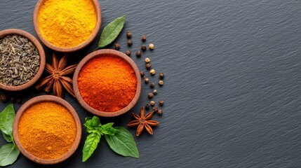 A flat lay of organic spices and herbs arranged on a slate surface, offering a premium and artisanal agricultural aesthetic with blank margins ,