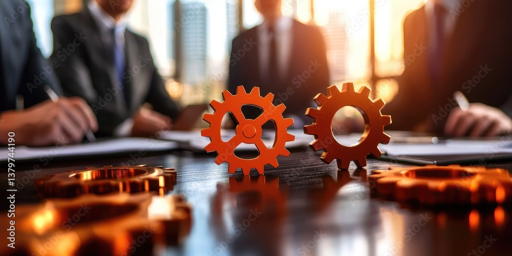 Poster in a bustling boardroom, two figures, clad in crisp suits, joined gears together, symbolizing collab
