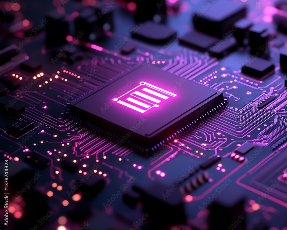 Aufkleber Closeup of a glowing AI chip, advanced computing technology with purple circuit board elements, representing artificial intelligence and digital innovation