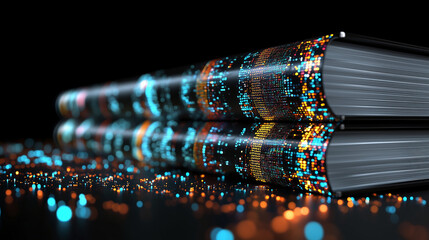 Abstract digital library with glowing data streams on shelves