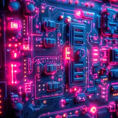 Abstract Circuit Board Background with Neon Lights and Colors