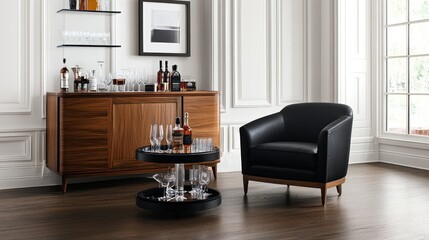 Modern Home Bar with Black Leather Armchair