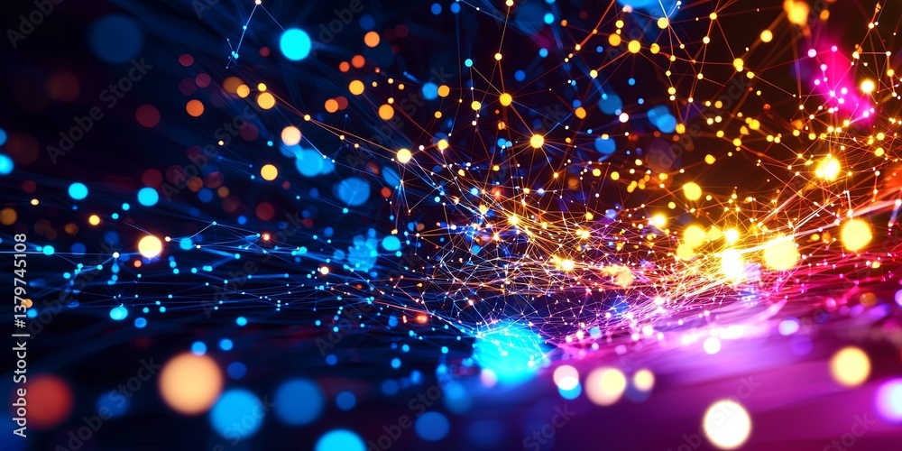 Poster A vibrant canvas of connected dots and lines, a symphony of futuristic technology and data transformation, symbolizing the dynamic flow of information and the interconnec