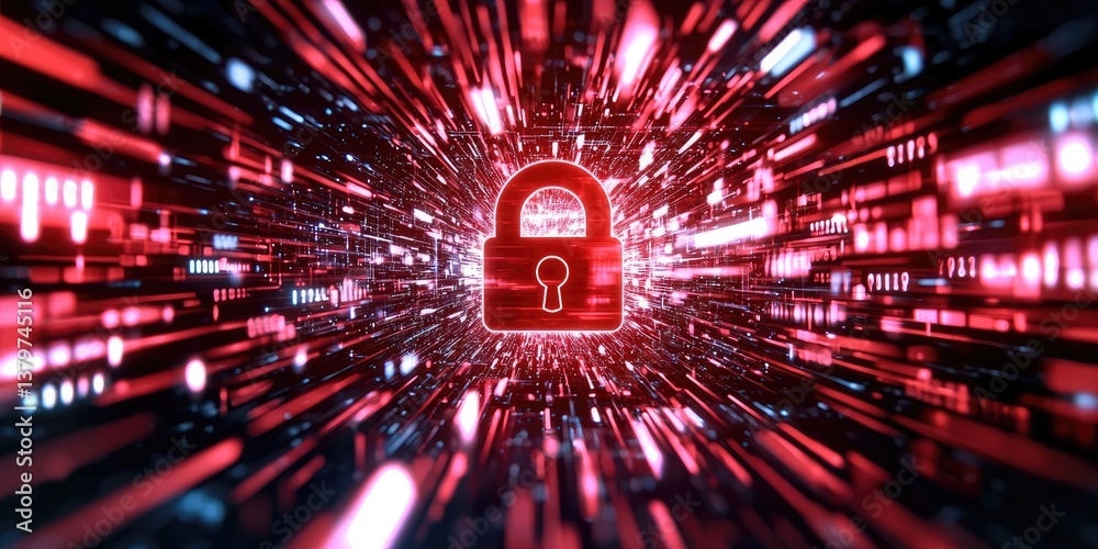 Poster a digital backdrop pulsates with a menacing red alert warning padlock symbol, surrounded by binary l