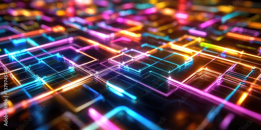 Aufkleber A grid of interconnected squares, symbolizing the intricate network of the blockchain, stretches across a digital canvas, illuminated by an array of vibrant colors that s