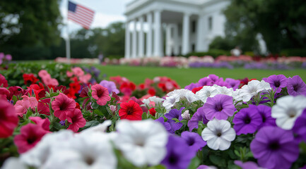 Fototapeta premium A vibrant garden of red, white, and purple petunias stands in front of the administrative building , with an American flag waving overhead. The focus is on the colorful flowers, with the iconic