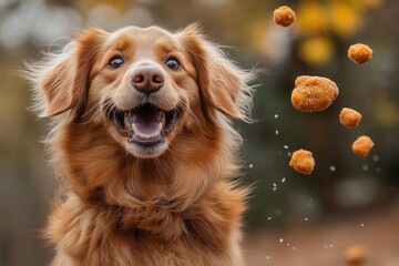 Happy dog catching treats outdoors in autumn sunshine