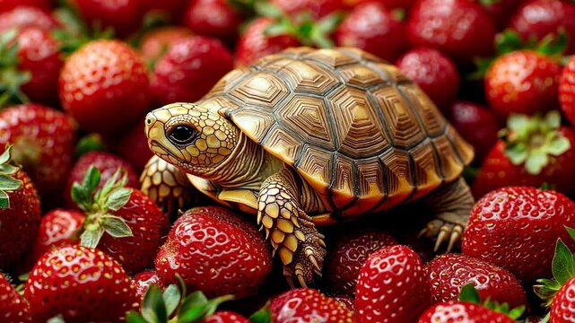 Turtle Among Fresh Red Strawberries in Vivid Nature Setting