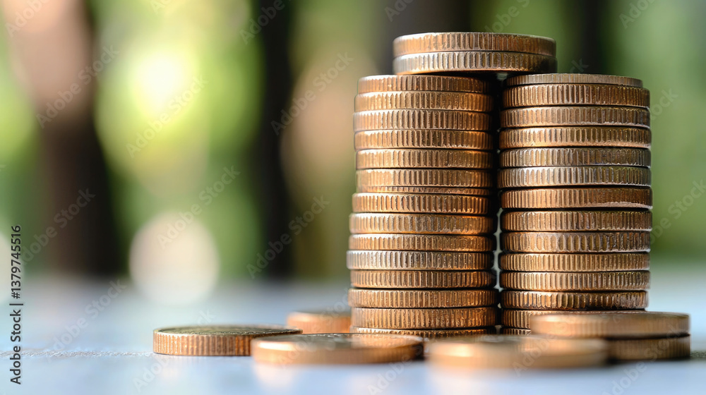 Aufkleber stack of coins is arranged neatly, showcasing their shiny surfaces and intricate details. background features soft blur of greenery, creating serene atmosphere that emphasizes financial theme