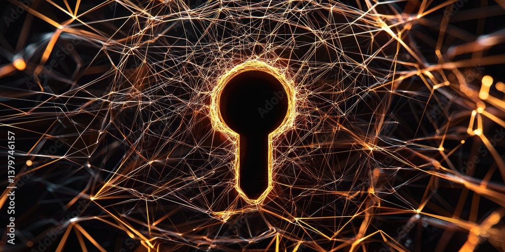 Aufkleber a stylized keyhole, a symbol of digital security, encircled by an intricate network of interconnecte