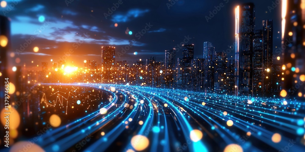 Poster A vibrant, interconnected network of blue data streams flows across a futuristic cityscape, representing the vast ocean of cyber big data. Blockchain data fields, like sc