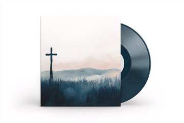 Vinyl Record Cover Art with Christian Cross in Watercolor Landscape Artwork