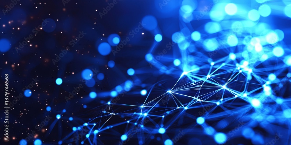 Poster A vibrant, abstract template featuring interconnected lines and dots in various shades of blue, creating a futuristic and dynamic backdrop for technology and innovation.