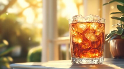 Iced tea glass on porch at sunset