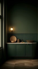 Dark green kitchen corner with wooden bowls, trays, and a hexagonal tile backsplash.  Elegant and moody interior design.