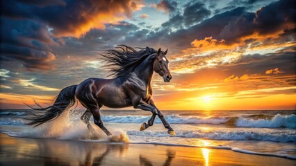 Surreal Black Friesian Horse Galloping Beach Sunset - Fantasy Equestrian Photography
