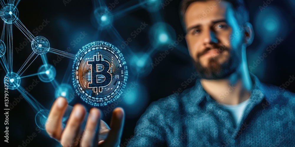 Leinwandbilder A businessman, his face lit by the glow of a digital screen, holds out a text-based blockchain interface. Behind him, a blue security backdrop is adorned with network con