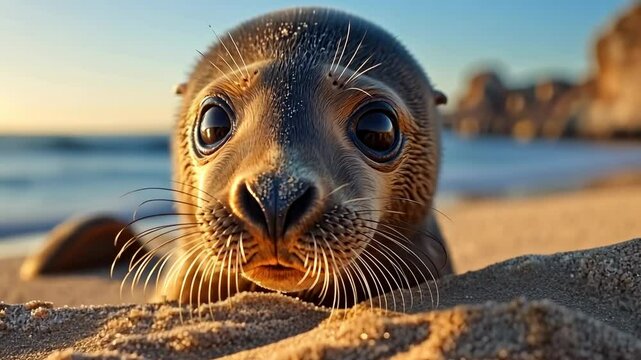 Curious Seal Pup at the Shoreline During Golden Hour Sunset
