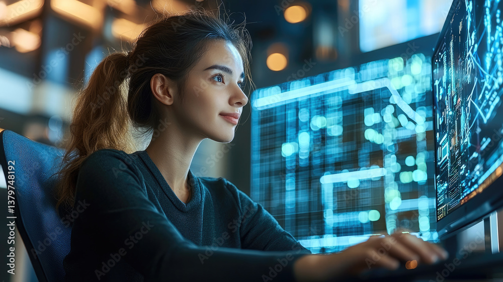 Leinwandbilder young woman is focused her work computer, surrounded by digital screens displaying data and graphics. atmosphere is modern and tech oriented, reflecting sense of innovation and concentration