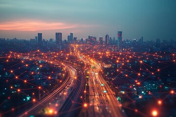 Smart City Network Concept with Digital Connections and Highways at Dusk