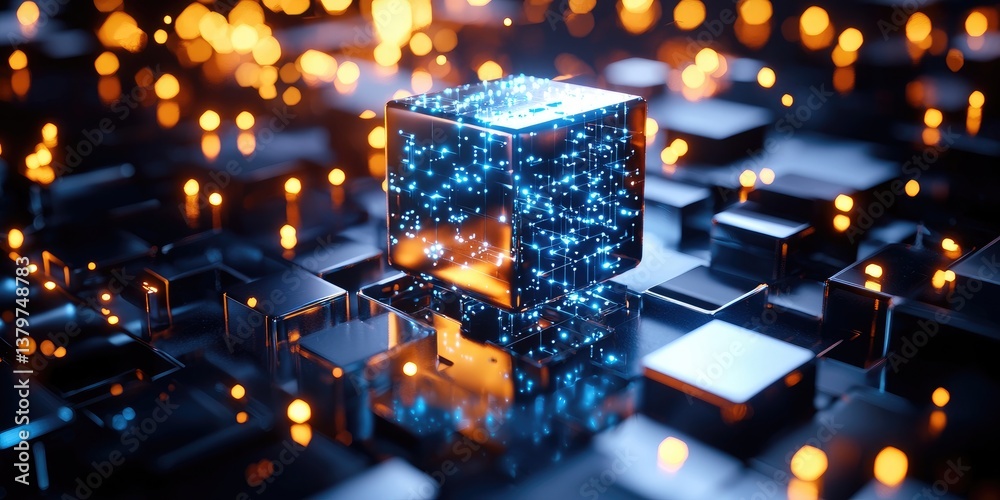 Leinwandbilder A sleek, metallic 3D model of a blockchain, a revolutionary technology, ascends from the depths of a server room, its intricate network of blocks illuminated by a soft bl