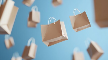 Background with flying paper bags representing a seasonal sale in 3D render. 