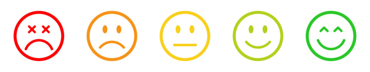 Obraz premium Rating emoji set. Feedback emoticons collection. Feedback and rating emoji set. Very happy, happy, neutral, sad and very sad emojis icon set. Emoji, feedback, rating emoji, rating. vector.