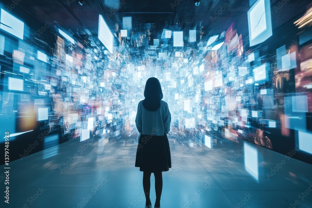Poster shapes moving over data processing display at an immersive technology exhibition, shapes moving over