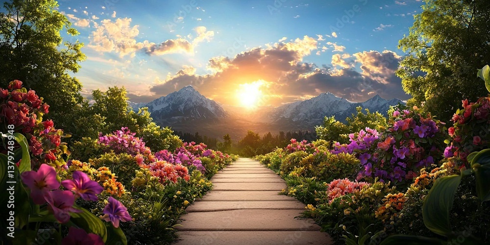Aufkleber a winding path, adorned with vibrant flowers, leads towards a beacon of light, symbolizing the journ