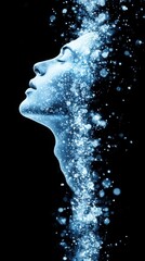 Ethereal Portrait of a Woman with Blue Particles and Light Effects