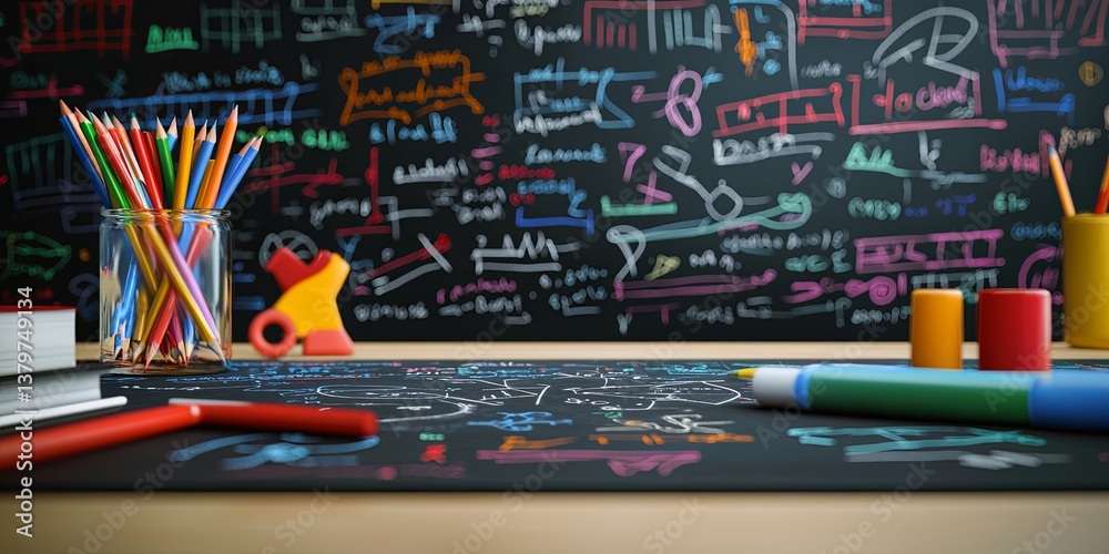 Poster a chalkboard, adorned with the elegant dance of equations and formulas, transformed into a vibrant s