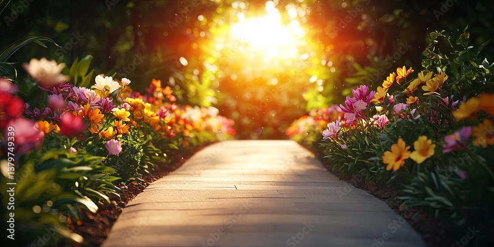 Poster a winding path, adorned with vibrant flowers, leads towards a beacon of light, symbolizing the journ