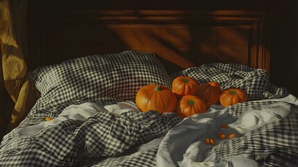 Pumpkins on a gingham bed. Autumn still life photography.