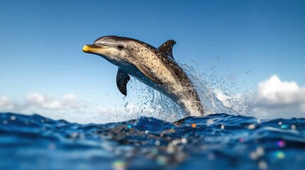 Obraz premium Dolphin Leaping Above Vibrant Ocean Waves Under Clear Blue Sky