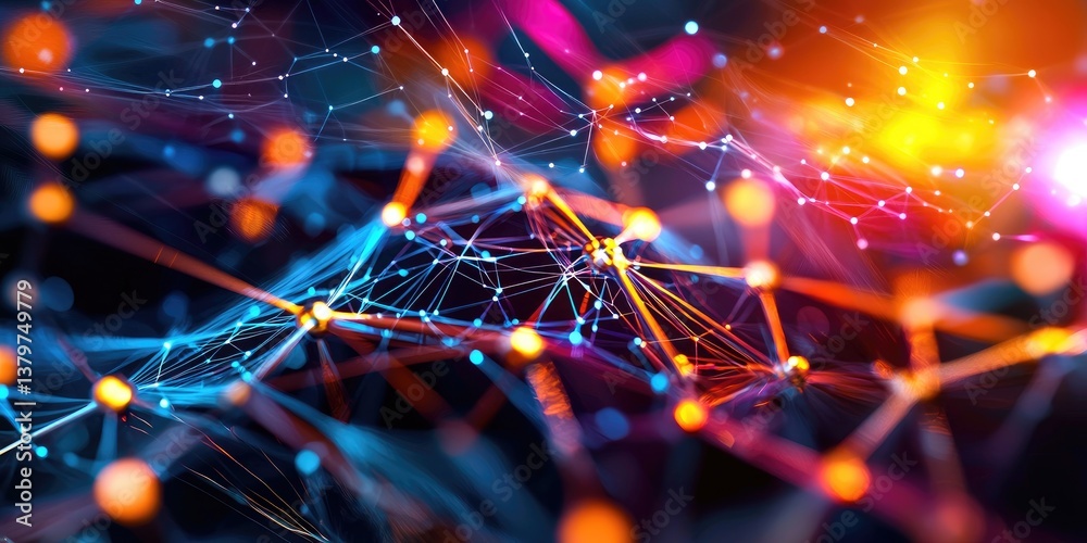 Poster A dynamic abstract canvas of technology and science, where a intricate lattice of lines and geometric shapes, reminiscent of a digital network, pulsates with energy.