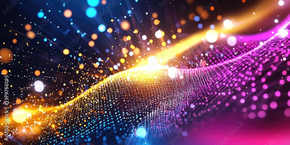 Poster A vibrant network of dots and lines, forming a futuristic, abstract background that symbolizes the interconnected nature of technology, data transformation, and business.