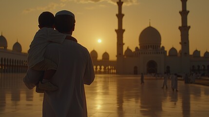 Father holding child near mosque during a beautiful sunset