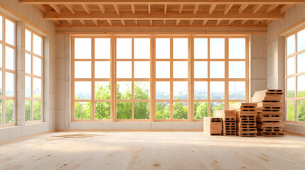 Naklejka premium Modern Interior of Under Construction Building with Large Windows