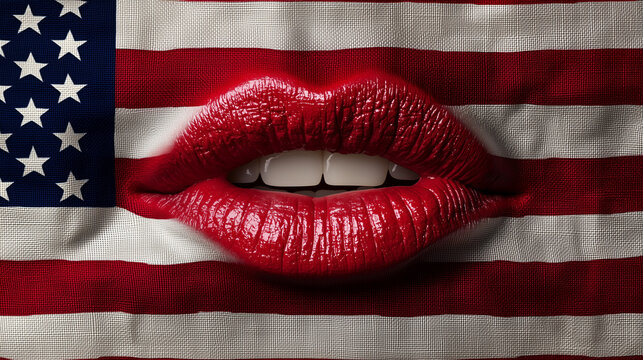 American Whispers: Sensual red lips, painted with vibrant lipstick, form a kiss against the backdrop of the American flag, symbolizing the voice and expression of a nation.