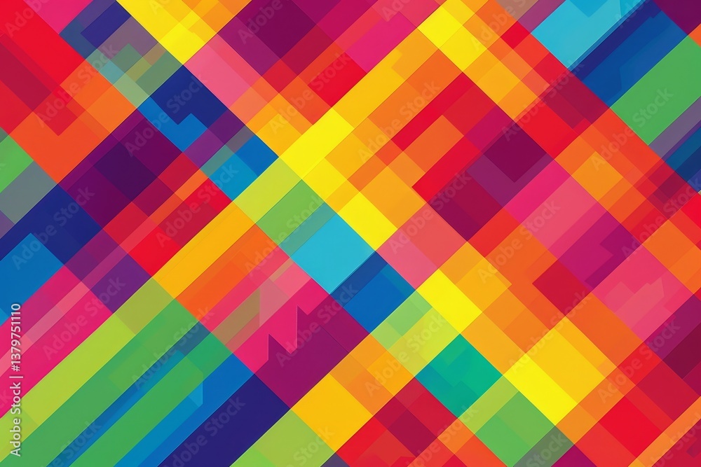 Poster a vibrant abstract pattern with overlapping squares in a rainbow spectrum of colors, generate a geom