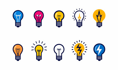 Set of Colorful Light Bulb Icons with Energy Ideas and Designs
