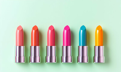Vibrant Lipsticks Arranged on Soft Green Backdrop for Beauty Concept