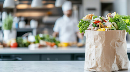 Fresh Ingredients: A paper bag overflowing with a vibrant assortment of fresh ingredients, set against a backdrop of a professional kitchen with a chef at work.